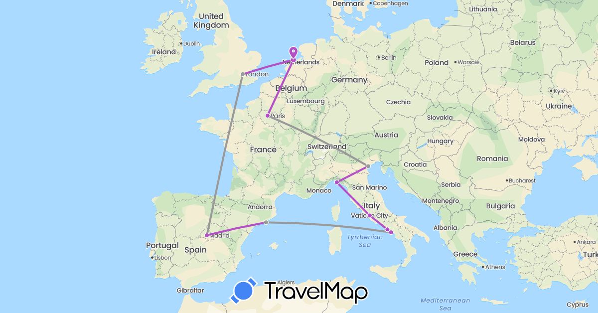 TravelMap itinerary: driving, plane, train in Spain, France, United Kingdom, Italy, Netherlands (Europe)